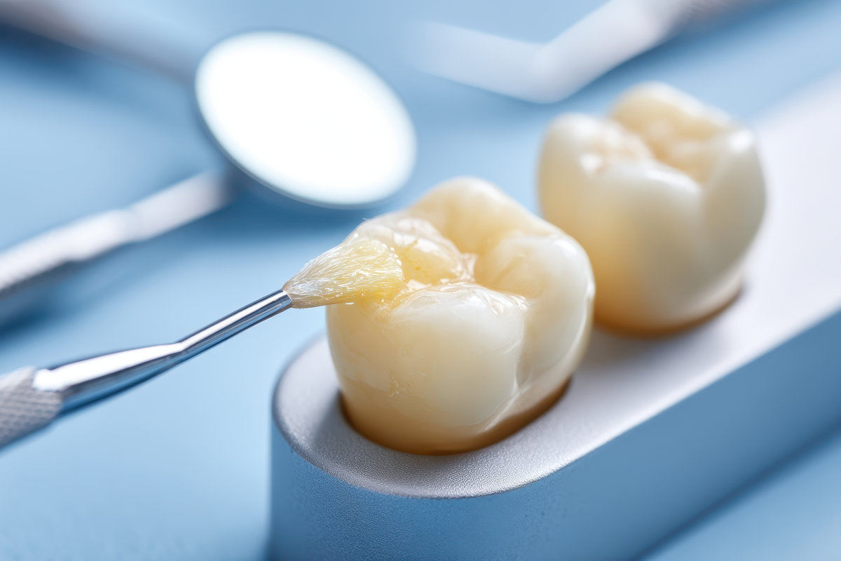 A dental treatment fluoride application on tooth model with dental mirror tool on blue background