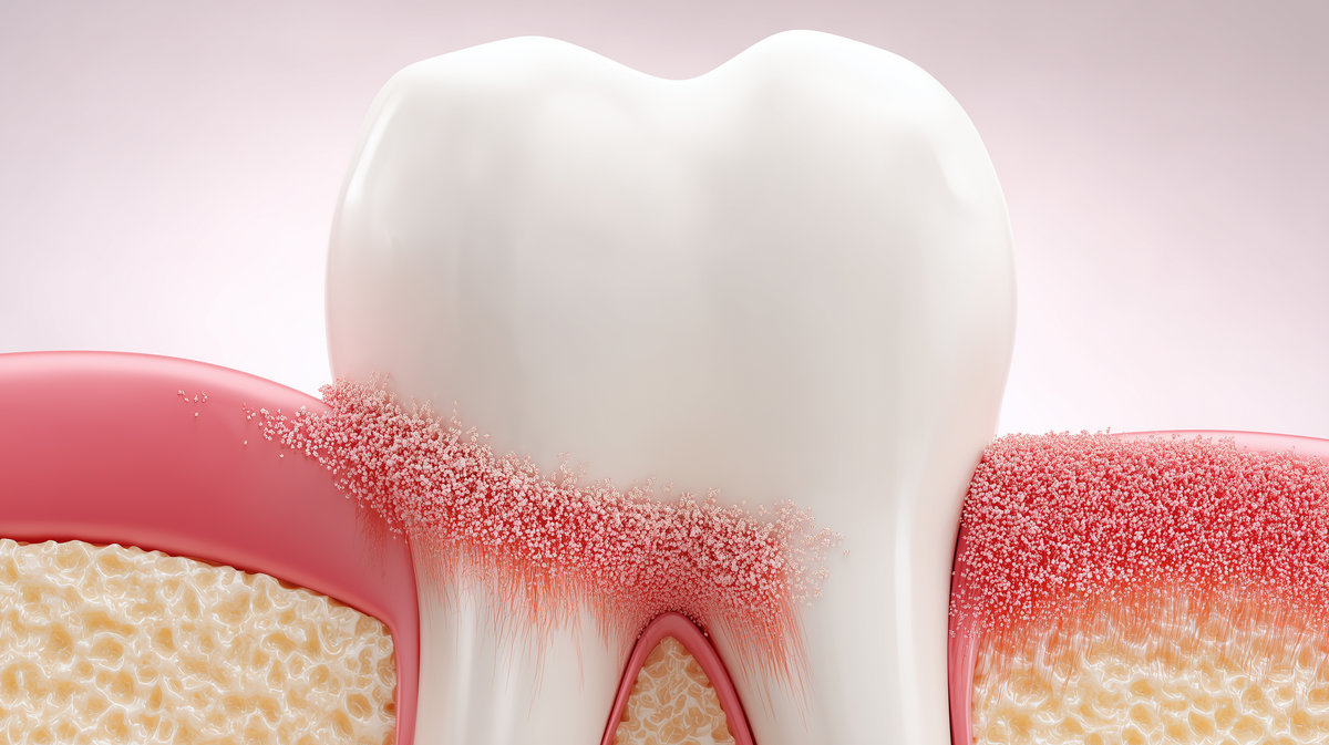 Medical illustration of tooth with receding gums and inflammation